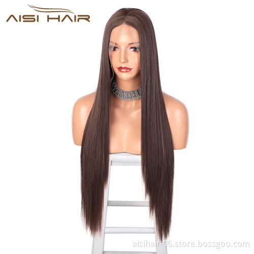 Aisi Hair Silky Straight Brown Synthetic Long Wig Wholesale Swiss Lace Wig Synthetic Hair Front Lace Wigs For Black Women